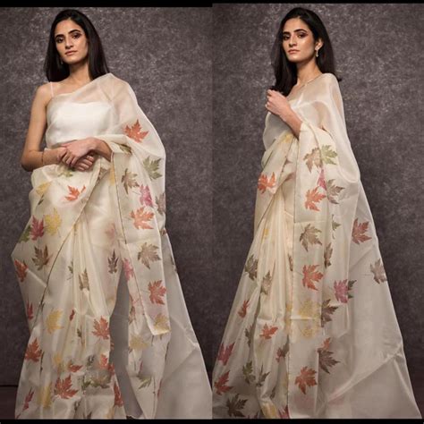Beige Pure Digital Print Organza Sarees – Dailybuyys