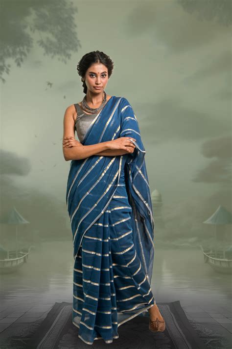 Yashini I Blue Handloom Mul Cotton Saree with Zari Stripes