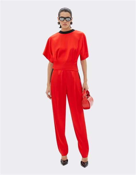 Chinos in stretch satin twill in Rosso Dino for Women | Ferrari®