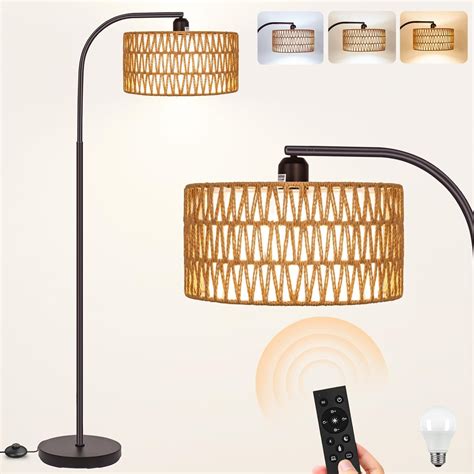 Brilvibera Boho Floor Lamp with Dimmable Bulb, Rattan &Linen Double ...