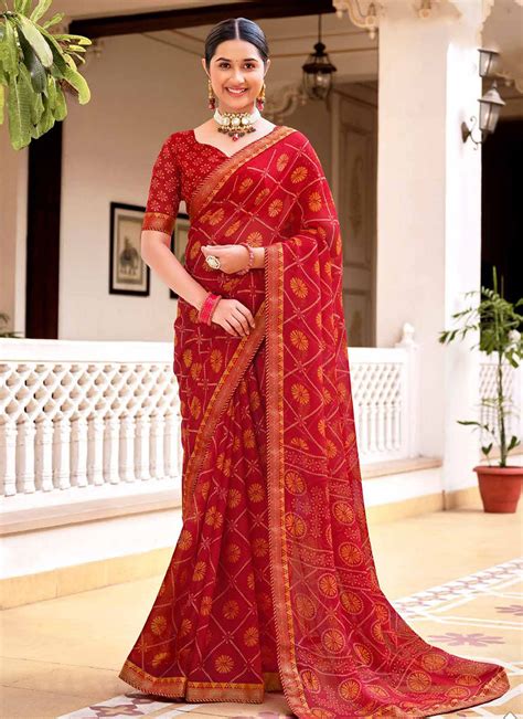 Buy Monza Red Chiffon Bandhani Saree Online - MySilkLove