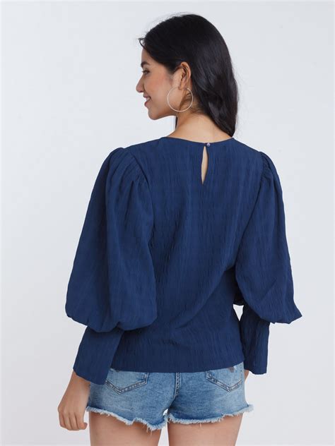 Navy Blue Puff Sleeve Top For Women – Zink London