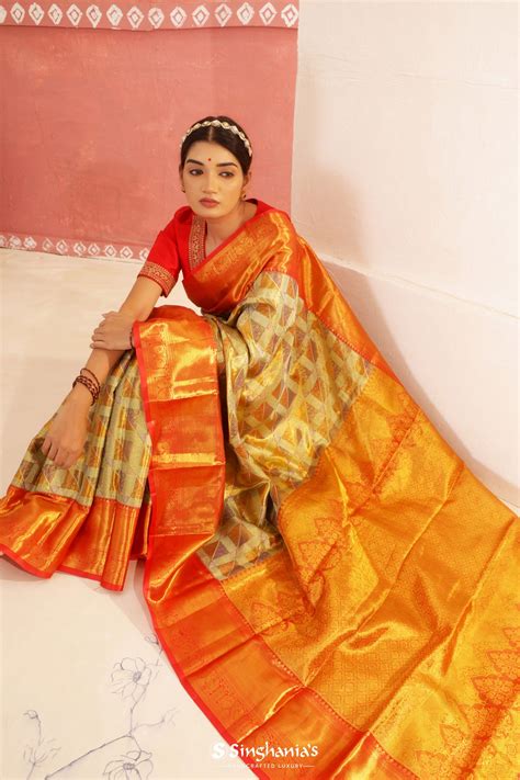 Metallic Gold Kanjivaram Silk Saree With Geometrical Design | Singhania's