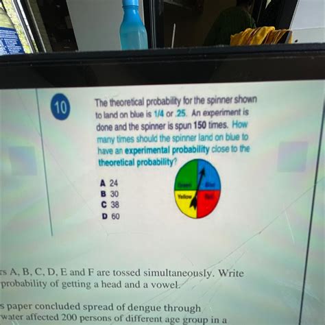 The theoretical probability for the spinner shown to land on blue is 1/ ...