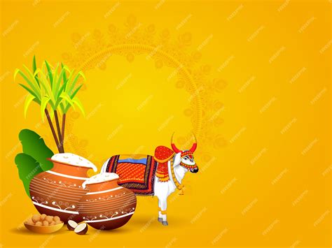 Ox character with mud pot full of pongali rice, banana leaves ...