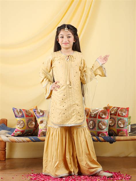 Cutiekins Girls Embroidered Mirror Work Kurta & Sharara with Dupatta