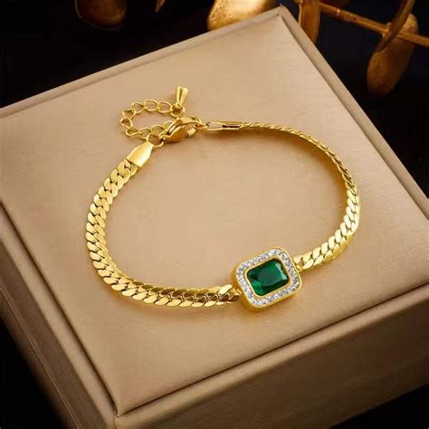 Emerald Green Curb 18K Gold Anti Tarnish Stainless Steel Bracelet for ...