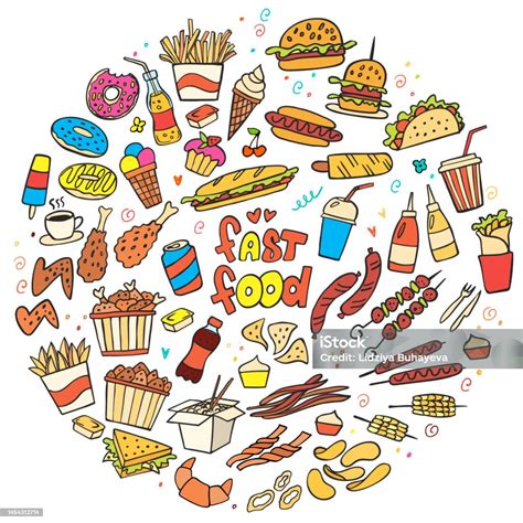 Set Of Colorful Fast Food Doodle On White Background Vector Burger ...
