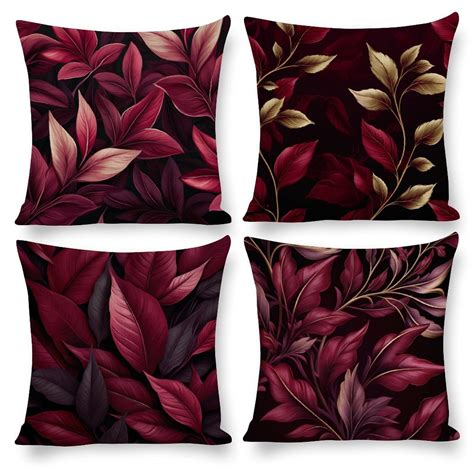 Set of 4 Pillows Elegant Leaves Burgundy Throw Pillow Cover Burgundy ...