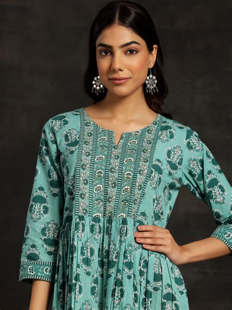 Buy Sea Green Printed Cotton Fit and Flare Dress Online at Rs.694 | Libas