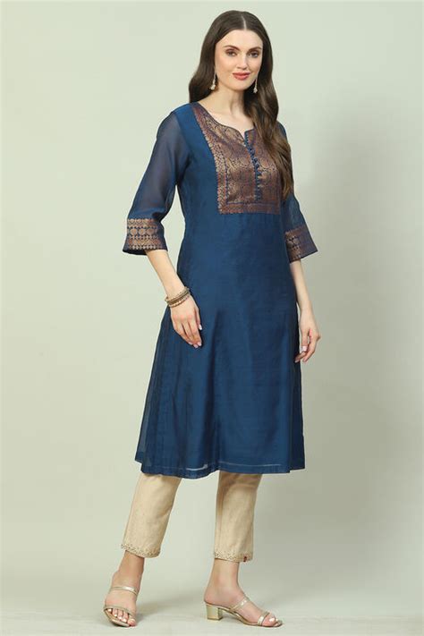 Navy Poly Mettalic A-Line Yarndyed Kurta