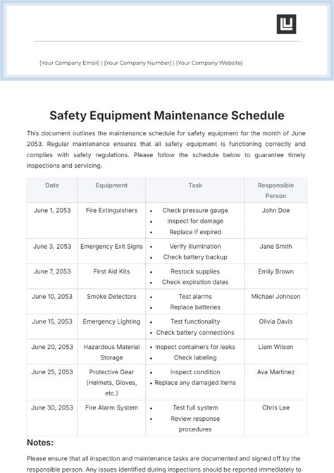 Free Safety Equipment Maintenance Schedule Template to Edit Online