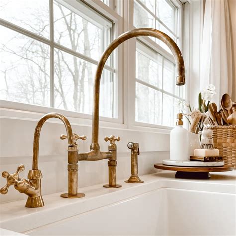 Old Fashioned Faucet Kitchen, Antique Brass Kitchen Faucet Set, Aged ...