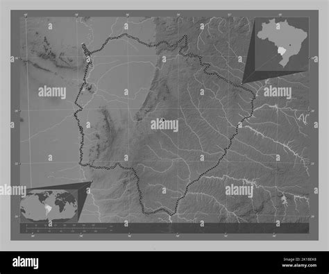 Mato Grosso do Sul, state of Brazil. Grayscale elevation map with lakes and rivers. Corner ...