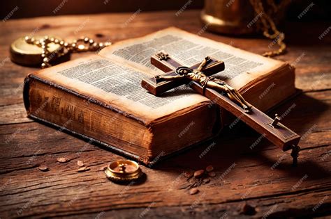 Religious scene with old holy bible and cross crucifix Christian faith ...