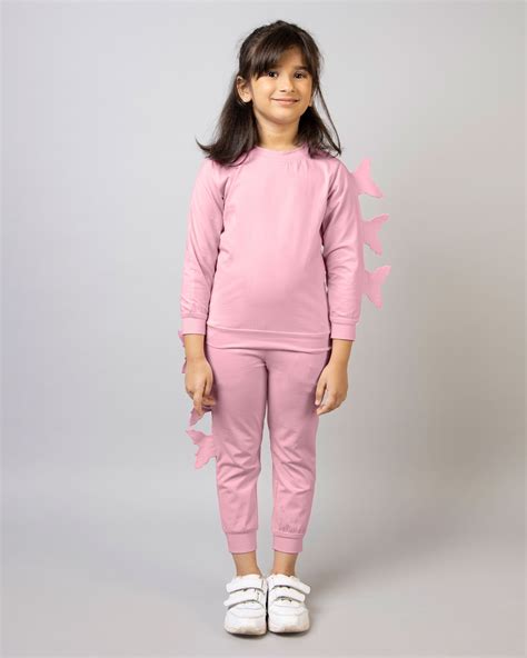 Girls Pink Full Sleeve Round Neck Butterfly Tracksuit Co-ord Set ...