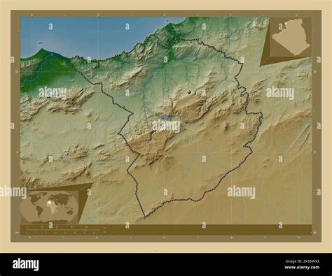 Tlemcen, province of Algeria. Colored elevation map with lakes and rivers. Corner auxiliary ...