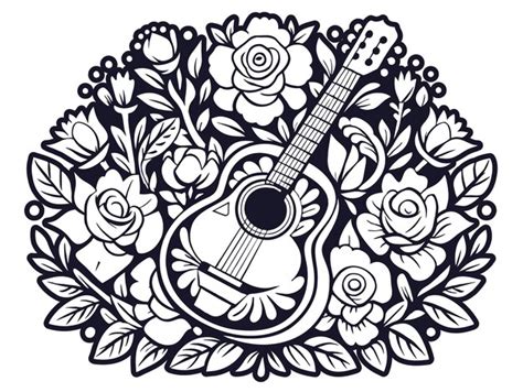 Retro old school guitar and roses for chicano tattoo outline monochrome ...