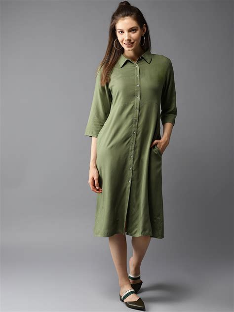 Buy HERE&NOW Women Olive Green Shirt Dress - Dresses for Women 10212075 ...