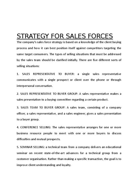 Strategy FOR Sales Forces - STRATEGY FOR SALES FORCES The company's ...