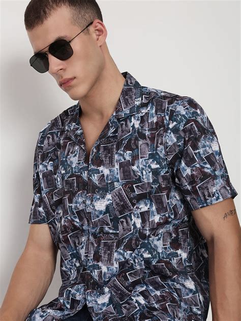 Buy Men's Teal Abstract Cuban Collar Relaxed Fit Shirt | Showoffff