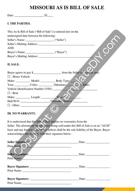 Missouri As Is Bill of Sale Form Template Printable in PDF