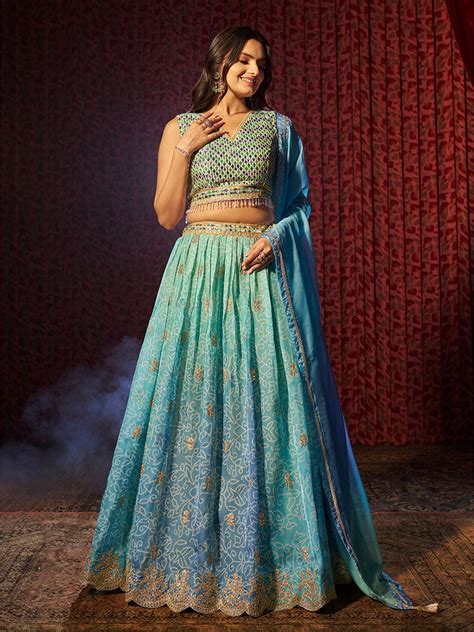 Women's Blue Organza Printed Lehenga Set – Trendia