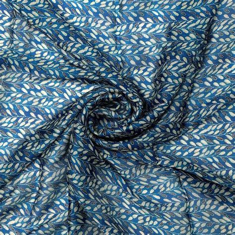 Digital Printed Viscose Chinon Fabric - Blue & White Leaf - Unstitched ...