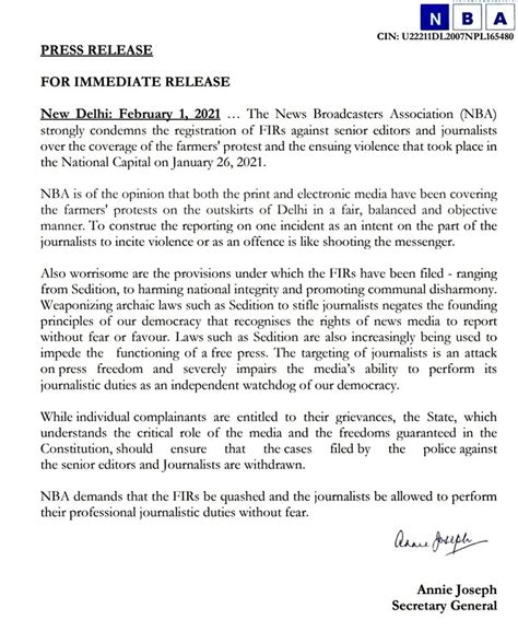 NBA condemns sedition charges against journalists for Republic Day ...