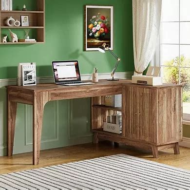 L-Shaped Home Office Desk with Open Shelves and Side Cabinet, Corner ...