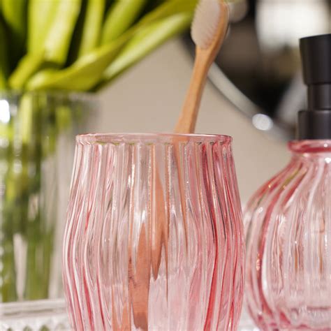 Pink Ribbed Glass Toothbrush Holder