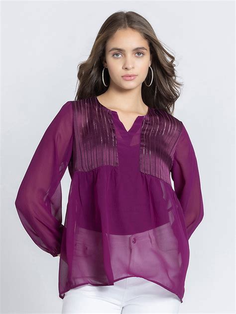 Purple Self Satin Stripe Gathered Kurti | Buy Kurti for women – Shaye India
