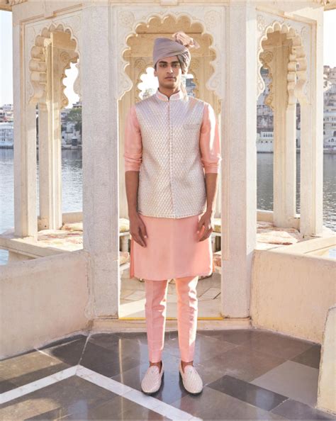 Buy Designer Beigeish Grey Jehaan Bandi set for Men