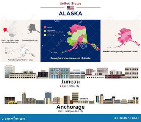 Alaska S Boroughs and Census Areas Map. Skylines of Juneau and Anchorage Stock Vector ...