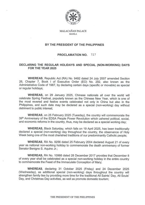 A Special Non-Working Day on 31 October 2025 (Proclamation No. 727 ...