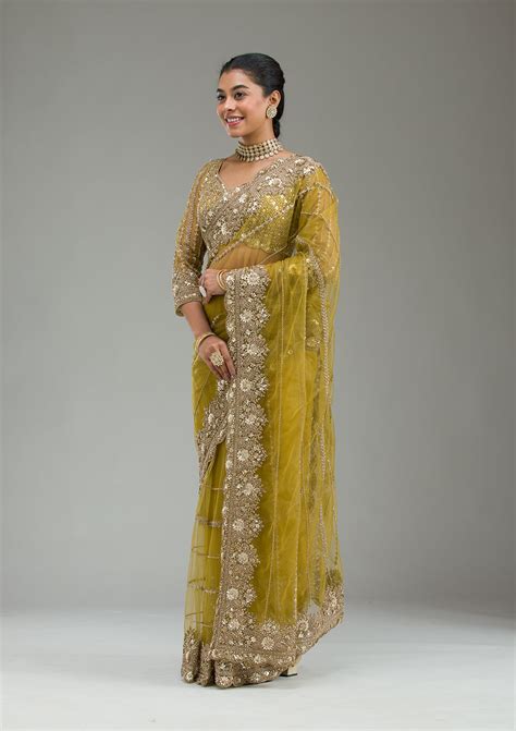 Buy Mehendi Zariwork Tissue Saree - Koskii