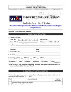 Fillable Online Universiti Tunku Abdul Rahman Form Title: APPLICATION ...