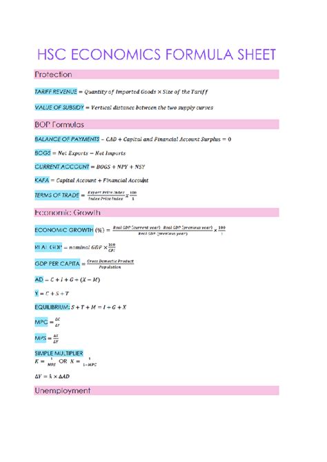 Formula sheet economics - HSC ECONOMICS FORMULA SHEET Protection TARIFF ...