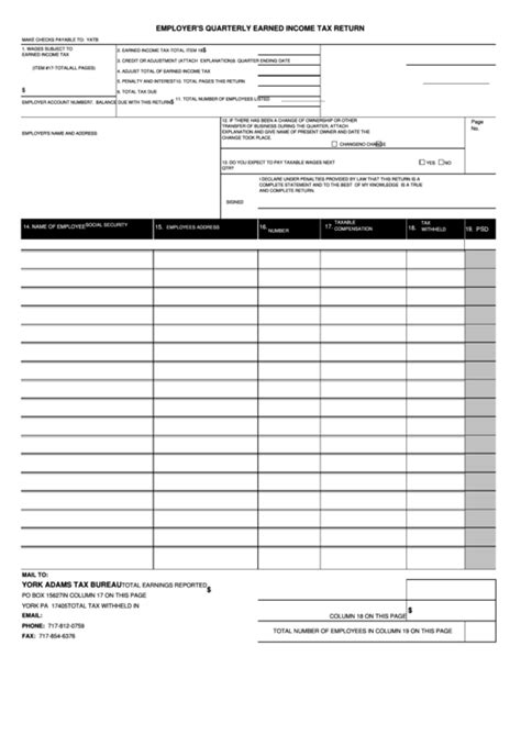 Employer'S Quarterly Earned Income Tax Return Form - York Adams Tax ...