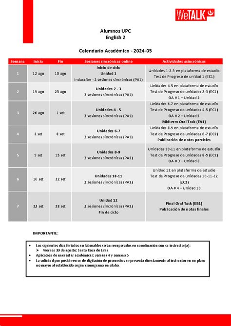 I2 Calendario Alumnos UPC 2024-05 - Alumnos UPC English 2 Calendario ...