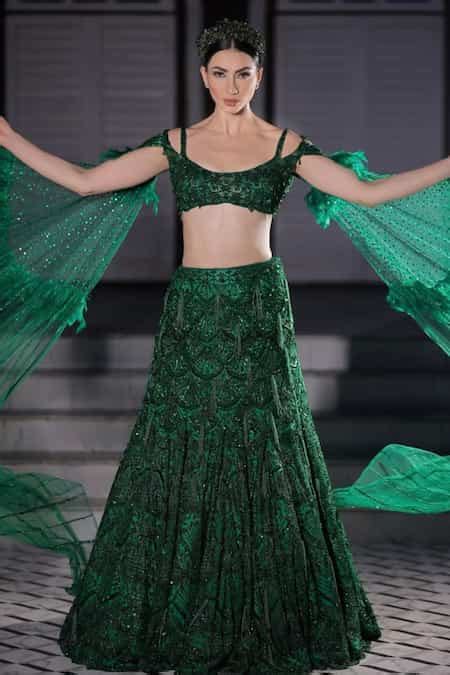 Buy Green Net Embroidered Cutdana Scoop Crystal Lehenga Set For Women ...