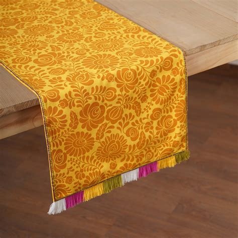 Matyo - Yellow printed cotton Table runner with multicolour acrylic fr ...