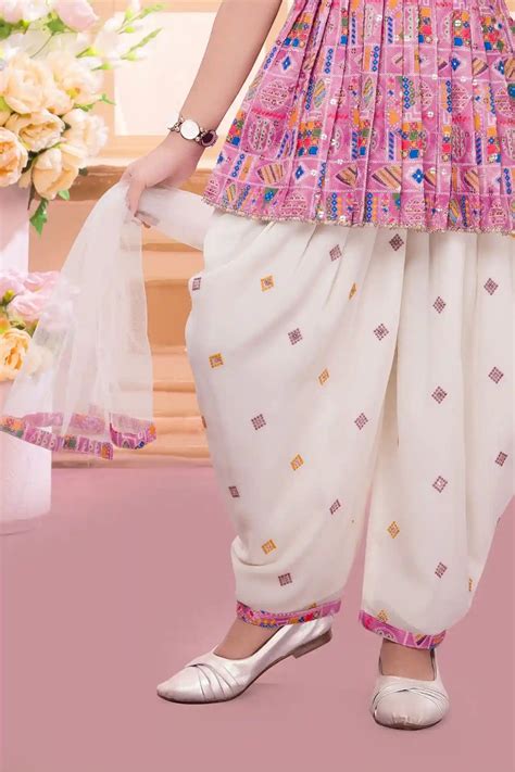 Pink Embroidered Kurti with White Patiala And Dupatta For Girls ...