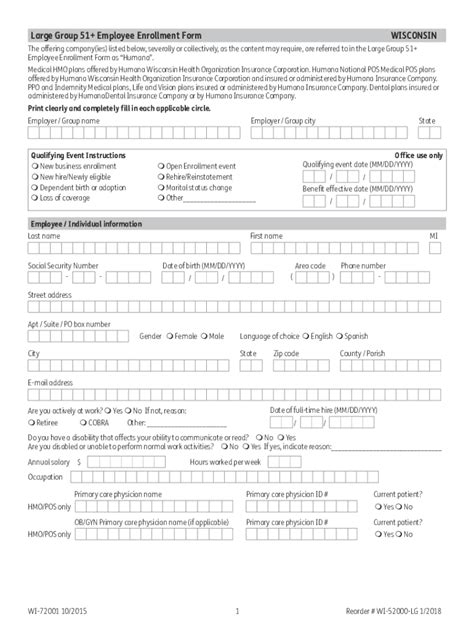 Large Group 51+ Employee Enrollment Form - Blank Fillable Template ...