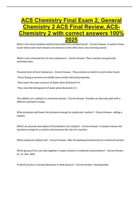 ACS Chemistry Final Exam 2, General Chemistry 2 ACS Final Review, ACS ...