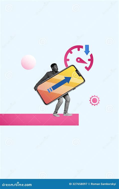 Vertical Collage Young Man Carry Smartphone Digital Device Online Internet Speed Measure Fast ...