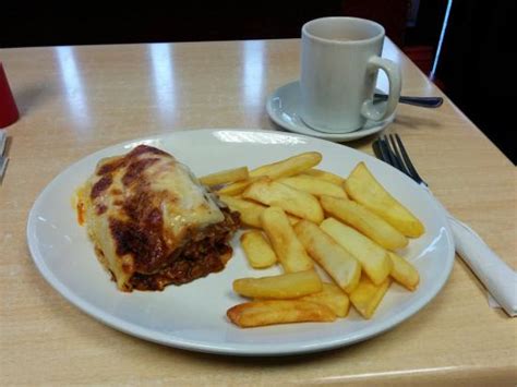 Lasagne and chips, cup of tea.   Picture of Pop In Cafe  
