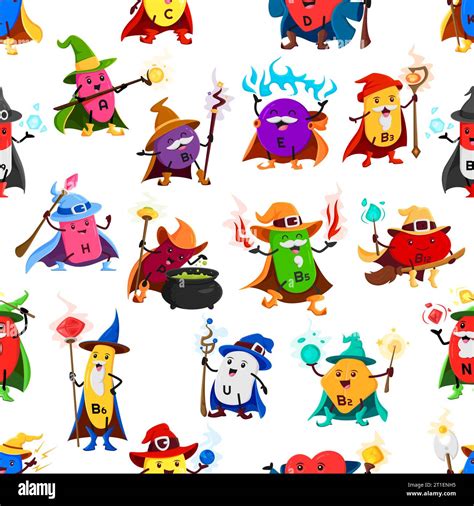 Cartoon vitamin and micronutrient wizard characters seamless pattern. Vector tile background ...
