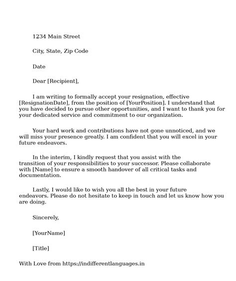 2 Examples of Sample Letter For Acceptance Of Resignation