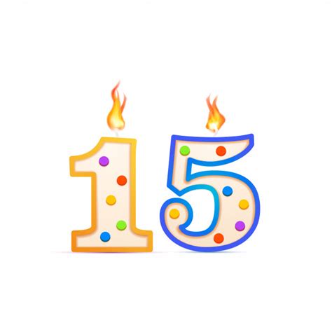 Fifteen years anniversary, 15 number shaped birthday candle with fire ...
